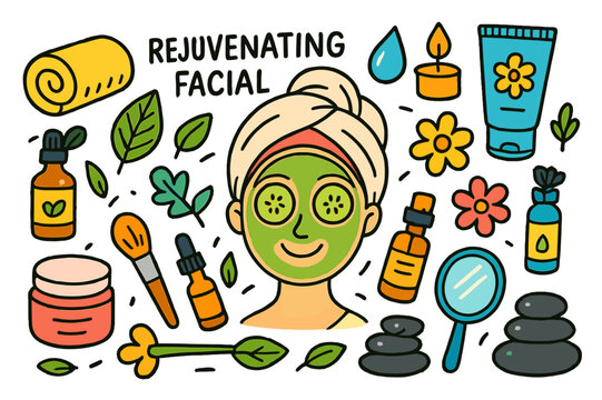 Colorful Spa Essentials. rejuvenating facial. Colorful Hand-drawn doodle Children illustration rejuvenating facial face mask, cucumber slices, headband, towel,