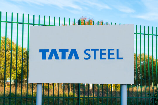 Wednesfield, UK - November 2nd 2025: External signboard of Tata Steel, an Indian steel company at a steelworks in the UK