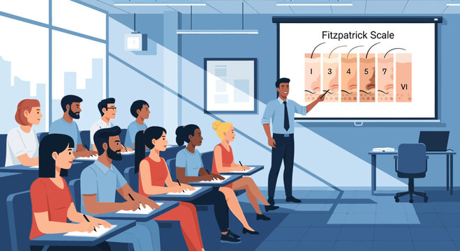 Illustration of a teacher presenting the Fitzpatrick skin type classification scale to students in