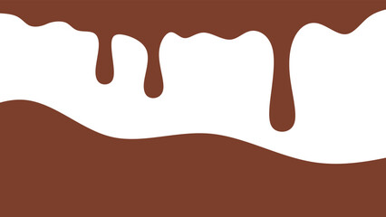 Melted chocolate or syrup drips isolated on a white background. Flowing liquid chocolate border element. Drops of melted chocolate and wavy chocolate.