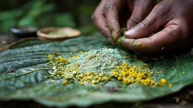 concoction. Crushed medicinal herbs mixed into a paste on a large leaf. menu design, packaging mockups, designed for culinary blogs and recipe cards for restaurants, simplifies recipe learning.