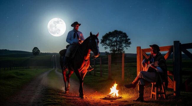Um homem montando a cavalo no campo em uma noite de lua cheia. enquanto um homem toca viol&atilde;o &agrave; beira da fogueira.