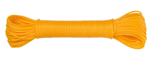 A bright orange plastic clothesline rolled into a roll.