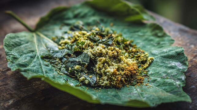 concoction. Crushed medicinal herbs mixed into a paste on a large leaf. menu design, packaging mockups, designed for culinary blogs and recipe cards for restaurants, simplifies recipe learning.
