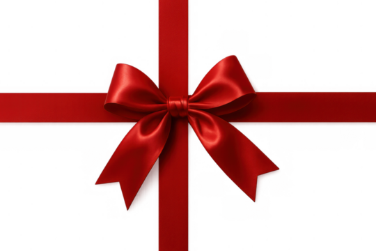 Red satin ribbon forming a bow, crossing over a gift, ideal for holiday packaging and celebrating. Transparent background