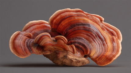 A close up view of a reishi mushroom with its distinct reddish brown and cream colored bands pattern