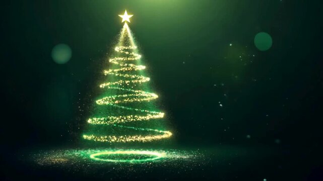 A magical spiral of green and gold particles forms a Christmas tree on a glittering floor, topped with a star. Dark green background