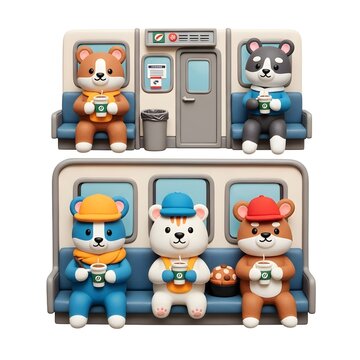 Cute cartoon animal characters sitting in a subway train carriage holding coffee cups.