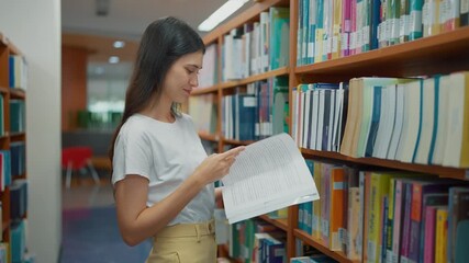 Young woman student standing by the bookshelf, engrossed in reading a book for research purposes in a university library. Learning and academic excellence, Knowledge concept