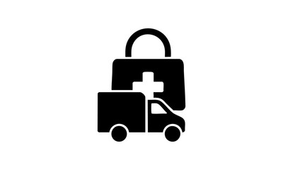 Minimalistisches Symbol für Online-Apotheke – Lieferwagen mit Medizin-Tasche