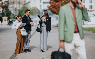 Fototapeta premium A group of business people stand in a city square, discussing papers and a tablet while a passerby moves past in the foreground. Urban, collaborative moment.