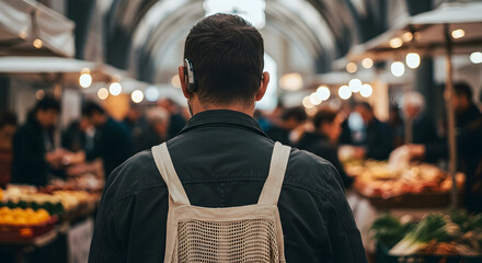 Fototapeta premium Man Observing Bustling Market Scene Filled with Fresh Produce and Vibrant Colors in an Urban Setting
