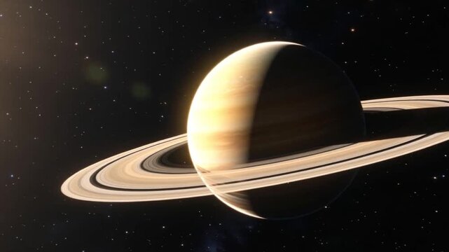 The camera orbits Saturn, capturing its magnificent ring system made up of billions of ice particles. Sunlight from the distant star refracts through the rings, scattering delicate rainbows of color a