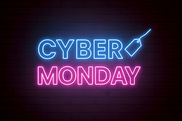 Cyber Monday glowing text made of electric lamps on wall background, perfect for sale advertising, digital marketing, and promotions