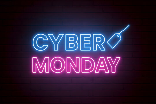 Cyber Monday glowing text made of electric lamps on wall background, perfect for sale advertising, digital marketing, and promotions