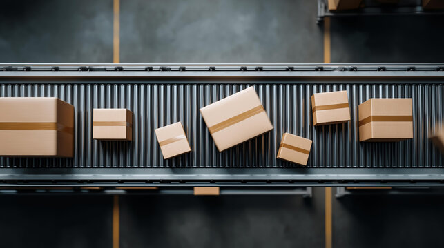 Aerial view of belts moving boxes in a distribution hub, industrial efficiency in overhead logistics, supply chain dynamics in center operations, manufacturing innovation in layout