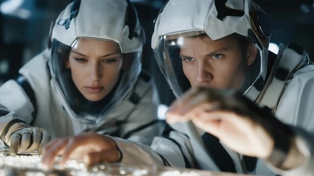 Futuristic quantum computing lab with scientists in protective suits manipulating glowing qubits in a cryogenic chamber, emotion of focus and discovery visible, symbolizing cutting-edge research,
