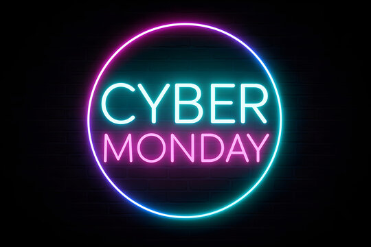 Cyber Monday neon flash light banner featuring glowing signboard, discount price tag, and vibrant seasonal sale advertisement concept