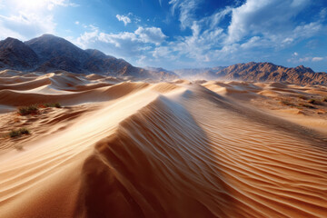 Fototapeta premium Expansive desert landscape with rolling sand dunes under a bright blue sky