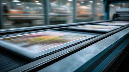 Large-format prints moving on a printer belt, industrial efficiency in printing tech, supply chain dynamics in media production, manufacturing innovation in print systems, producti