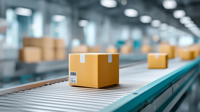 Tech-driven warehouse with a box on a belt, industrial efficiency in digital logistics, supply chain dynamics in packaging tech, manufacturing innovation in computer engineering, p
