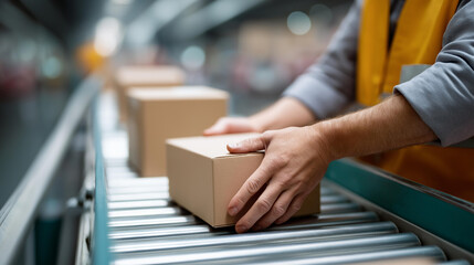 Worker packing boxes on a moving belt, industrial efficiency in inventory prep, supply chain dynamics in shipping readiness, manufacturing innovation in organized facilities, produ