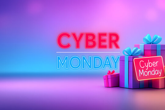 Cyber Monday neon text with gift boxes on colorful background, symbolizing holiday sales, online shopping deals, and festive savings - Powered by Adobe