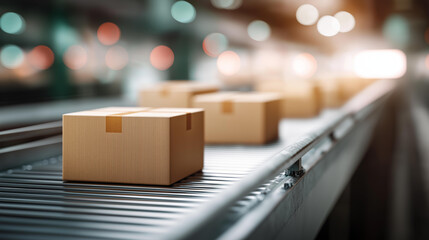 Organized package flow on a warehouse belt, industrial efficiency in streamlined logistics, supply chain dynamics in order processing, manufacturing innovation in flow systems, pro