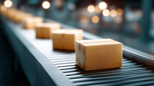 Organized package flow on a warehouse belt, industrial efficiency in streamlined logistics, supply chain dynamics in order processing, manufacturing innovation in flow systems, pro