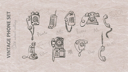 Hand-drawn vintage phones with international greetings on old paper background, vector doodle set © elinacious
