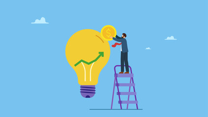 Businessman put coin in growth graph lightbulb. Invest in growth stock, mutual fund or growing money, savings, pension fund or increase return from stock market, economy or rising interest rate.