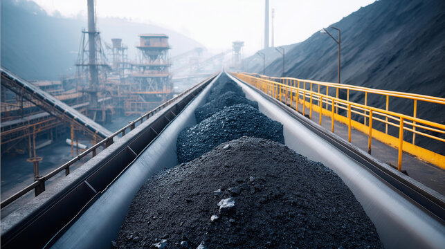 Coal processing facility with active belts, industrial efficiency in material refining, supply chain dynamics in coal production, manufacturing innovation in processing tech, produ