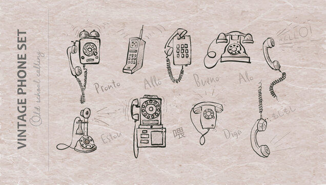 Hand-drawn vintage phones with international greetings on old paper background, vector doodle set