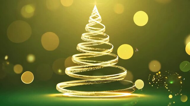 A modern, 3D Christmas tree made of a spinning golden ribbon. Set on a green-gold background with bokeh and particle fireworks