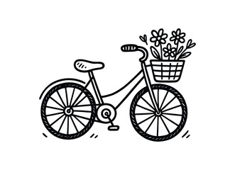 handdrawn cute doodle style bicycle with flowers vector line illustration