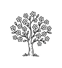 handdrawn cute doodle style blooming tree vector line illustration