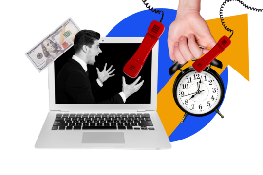 Creative design composite trend artwork collage of laptop display man scream landline phone click deadline hiring recruitment entrepreneur
