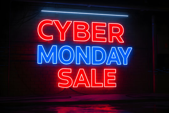 Cyber Monday sale neon sign glowing on brick wall background, perfect for advertising special discounts and seasonal promotions - Powered by Adobe