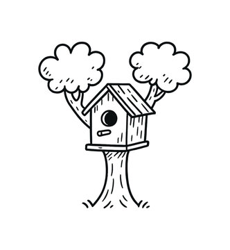 handdrawn cute doodle style birdhouse on tree vector line illustration
