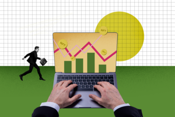 Creative collage picture young businessman run trader nft cryptocurrency forex market suitcase charts stocks development growth income