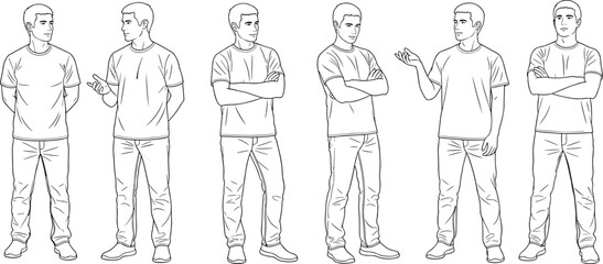 Male character body pose reference, standing man sketch illustration, front and side view, casual clothes, hand gestures, drawing anatomy guide