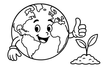 Fototapeta premium Earth with Green Thumb. Soil children?s coloring book illustration, outlined drawing, a smiling earth with a green thumb, educational design for kids, clear