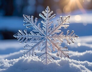 Snowflake crystal standing on snow at sunrise