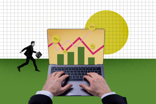 Creative collage picture young businessman run trader nft cryptocurrency forex market suitcase charts stocks development growth income - Powered by Adobe