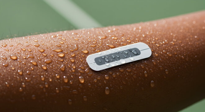 Closeup of a Water-Resistant Health Monitoring Device on Moist Skin with Droplets During an Outdoor Athletic Activity