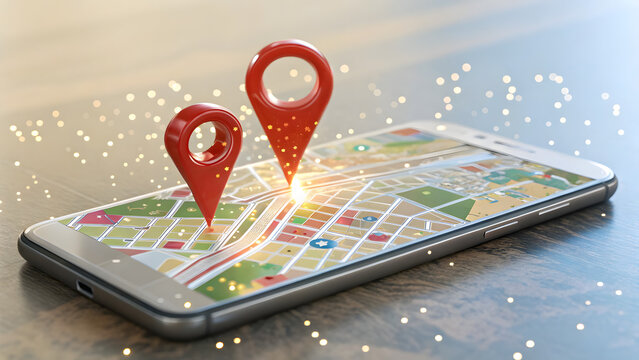 Smartphone with colorful city map and red pins - Powered by Adobe