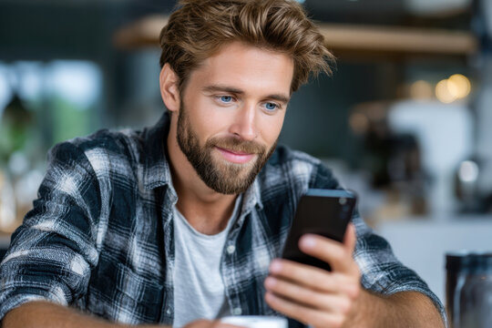 Young man enjoying a coffee while using his smartphone in a cozy cafe
