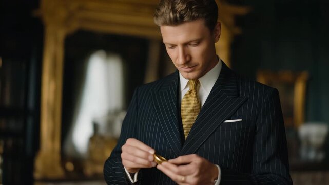 Luxury estate butler adjusting vintage pocket watch while standing beside antique mirror, reflecting timeless discipline, emotional restraint, and precision in elite household management for