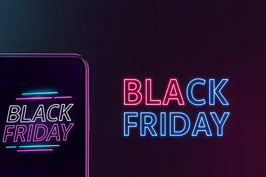 Device with neon Black Friday lettering representing sales and shopping concept, flyer design with copy space for Cyber Monday ads