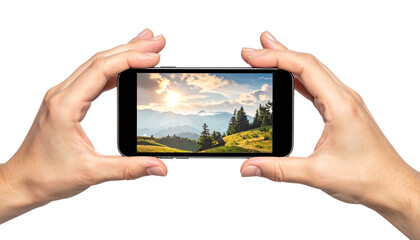A person holding a mobile phone, capturing a breathtaking mountain scenery